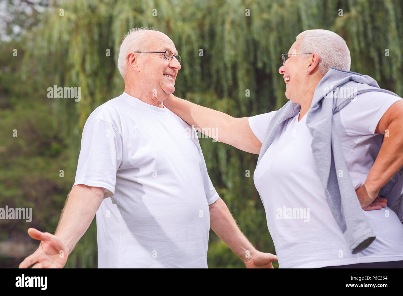 Happy senior couple enjoying a moment and talking together in park Stock Photo