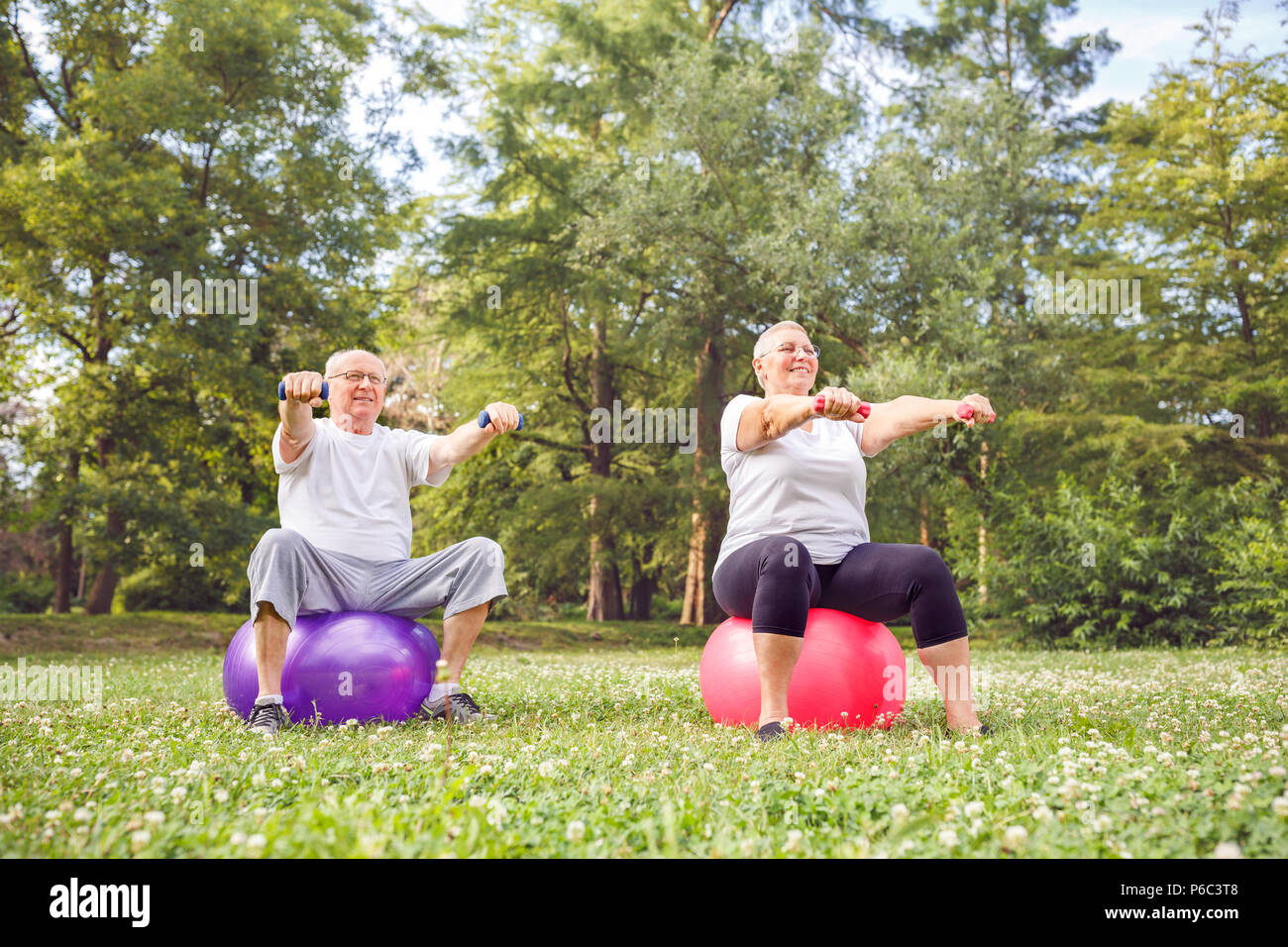 Smiling senior man and woman doing fitness exercises on fitness ball in park Stock Photo