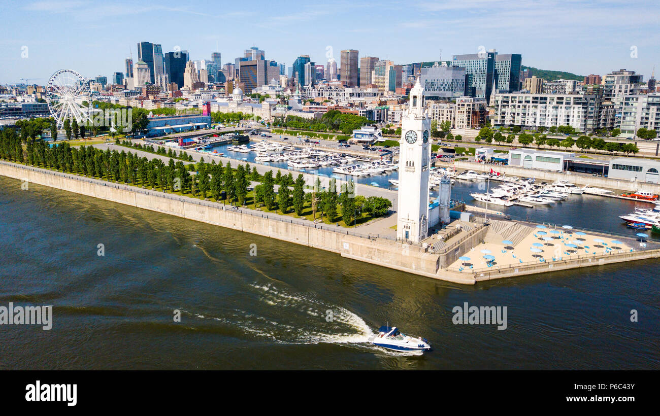 Clock Tower or  Tour de l'Horloge and skyline, Montreal, Canada Stock Photo