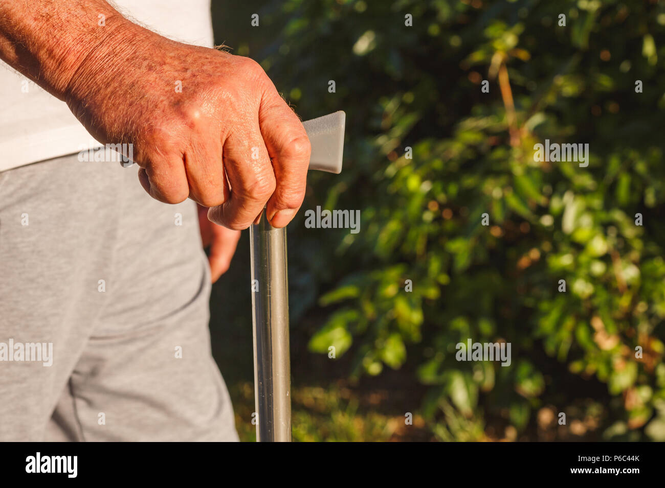 Senior man hands holding stick in park close up Stock Photo