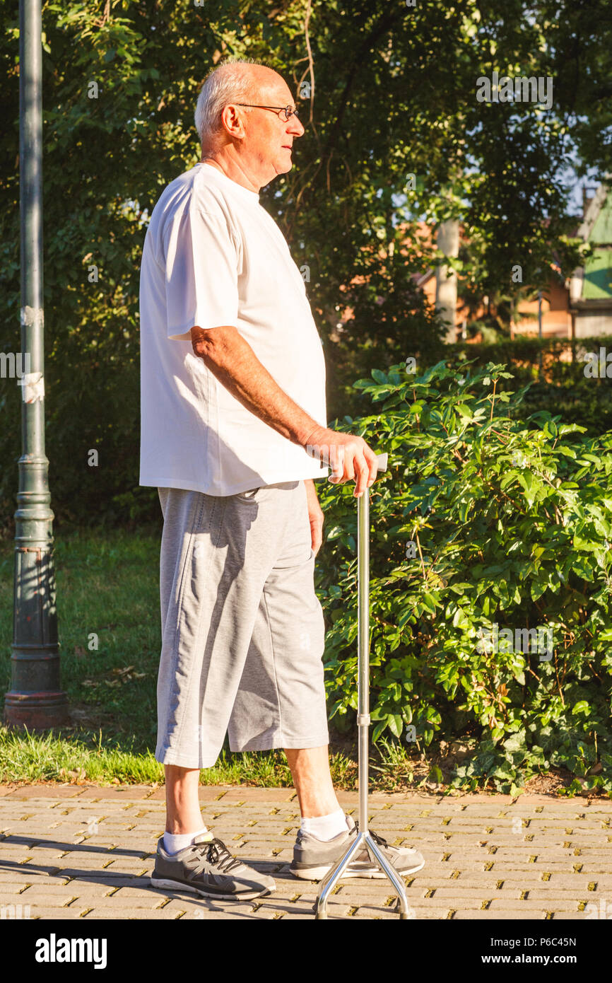 Elderly man with his walking stick in park Stock Photo