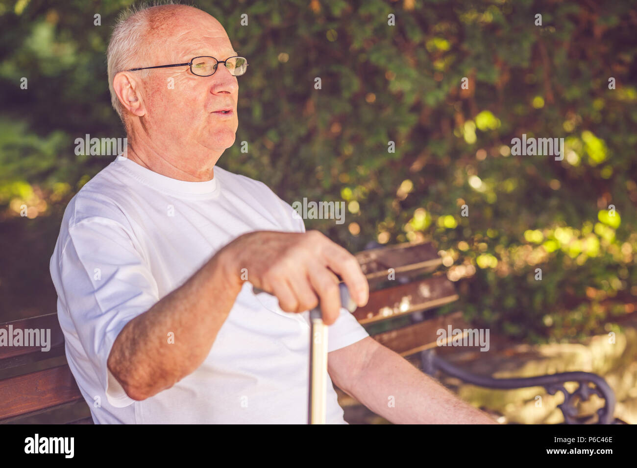 Elderly man with his walking stick sitting on bench in the park Stock Photo