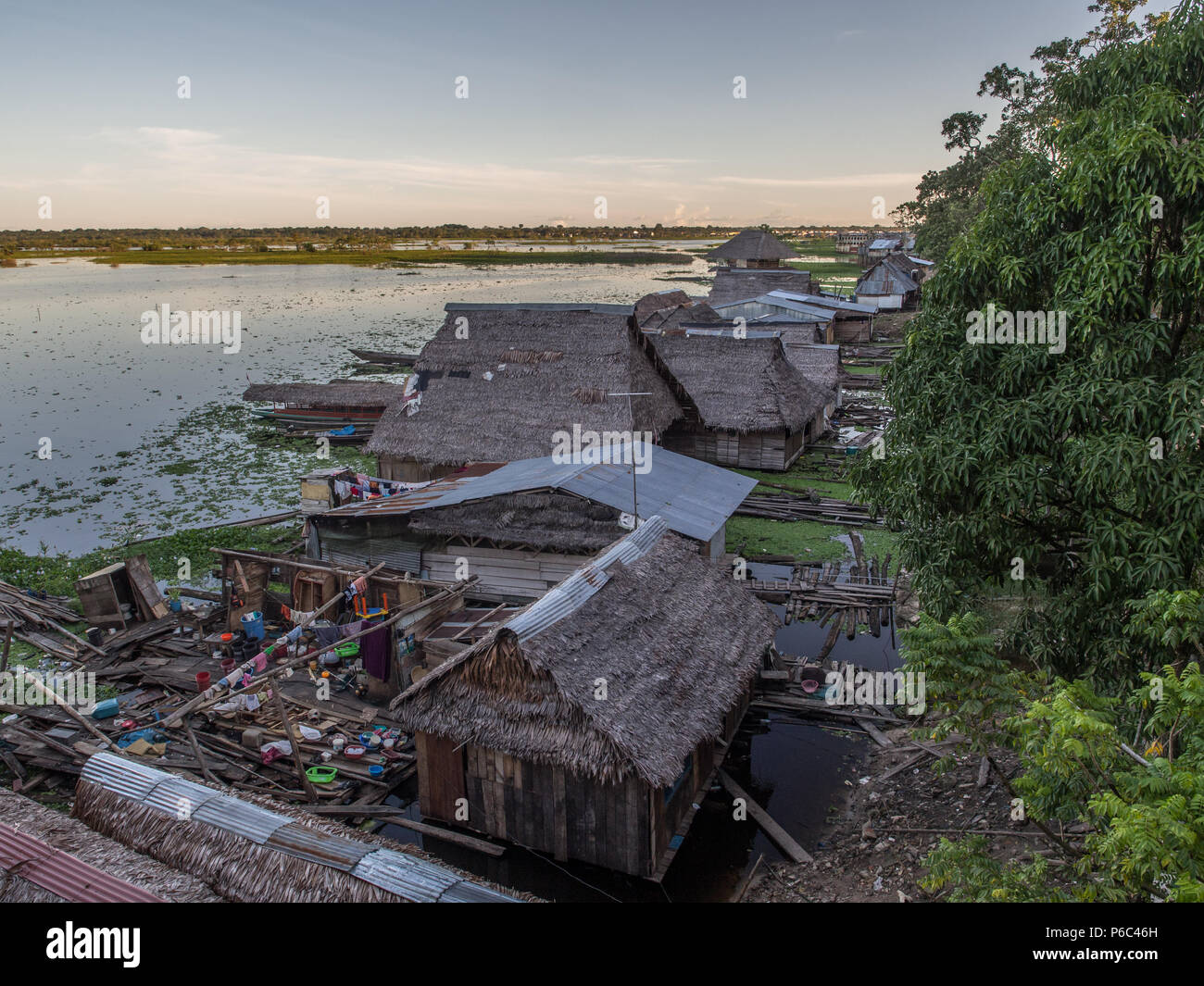 Houses on the flood plain of the Amazon river.  Iquitos, Peru Stock Photo