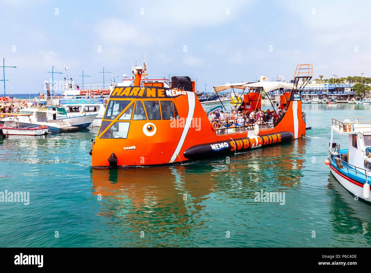 Tourist Cruise Ship In The Shape Of Captain Nemo And Called The Nemo Submarine Sailing From Ayia Napa Harbour With Holiday Makers Aboard Ayia Napa Stock Photo Alamy