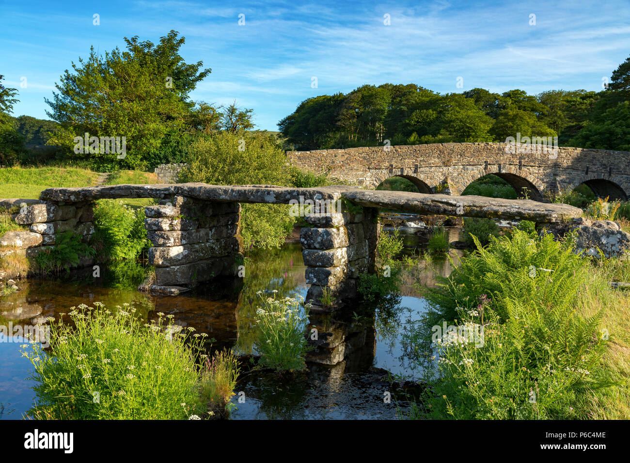Postbridge Dartmoor Devon England June 24, 2018 Ancient clapper bridge ...