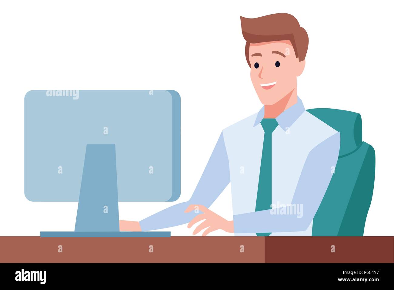 Gentleman sit on desk and working on computer, Office environment, Leader boss Stock Vector