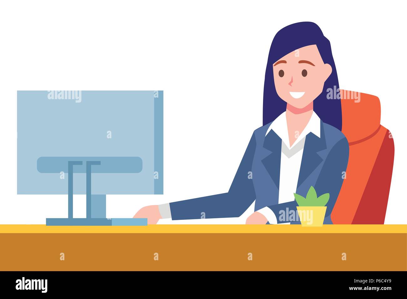 Business woman sit on desk and working on computer, Office environment, Leader boss Stock Vector