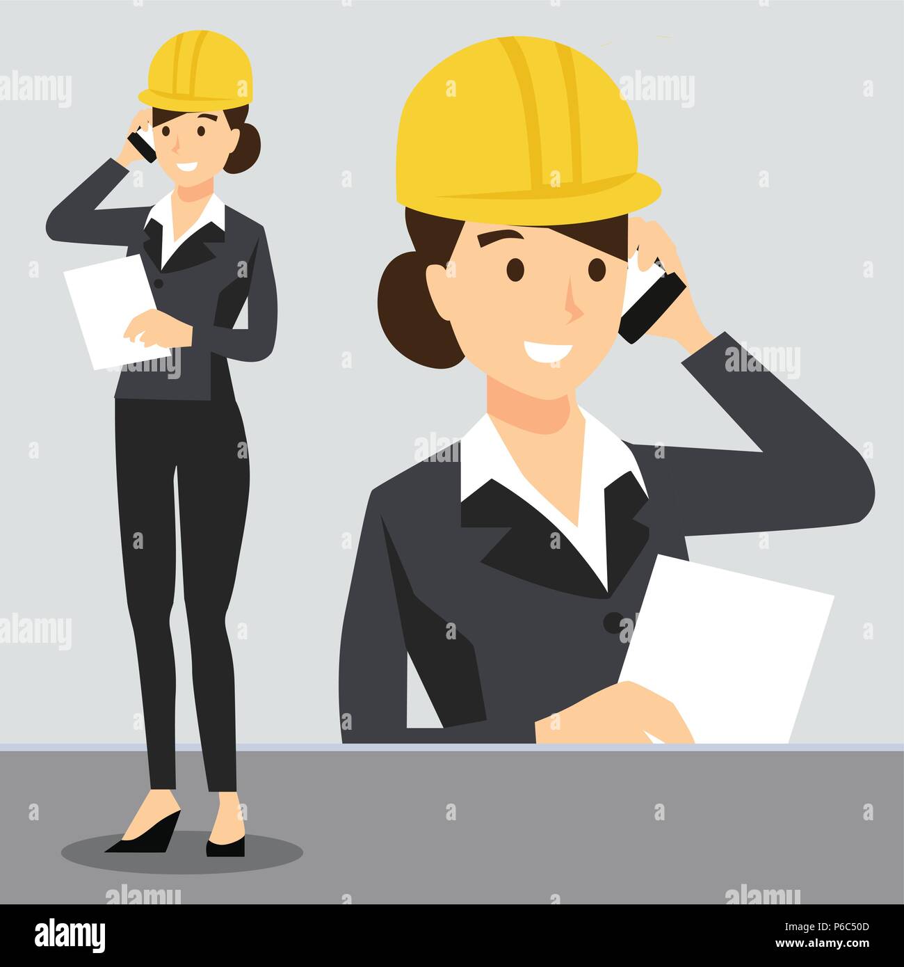 Beautiful girl in workplace wearing safety helmet, Construction, Uniform dress Stock Vector