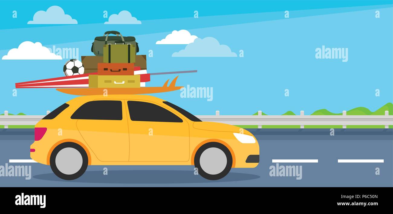 Small car loading many stuff and going for holiday, Welcome vacation Stock Vector