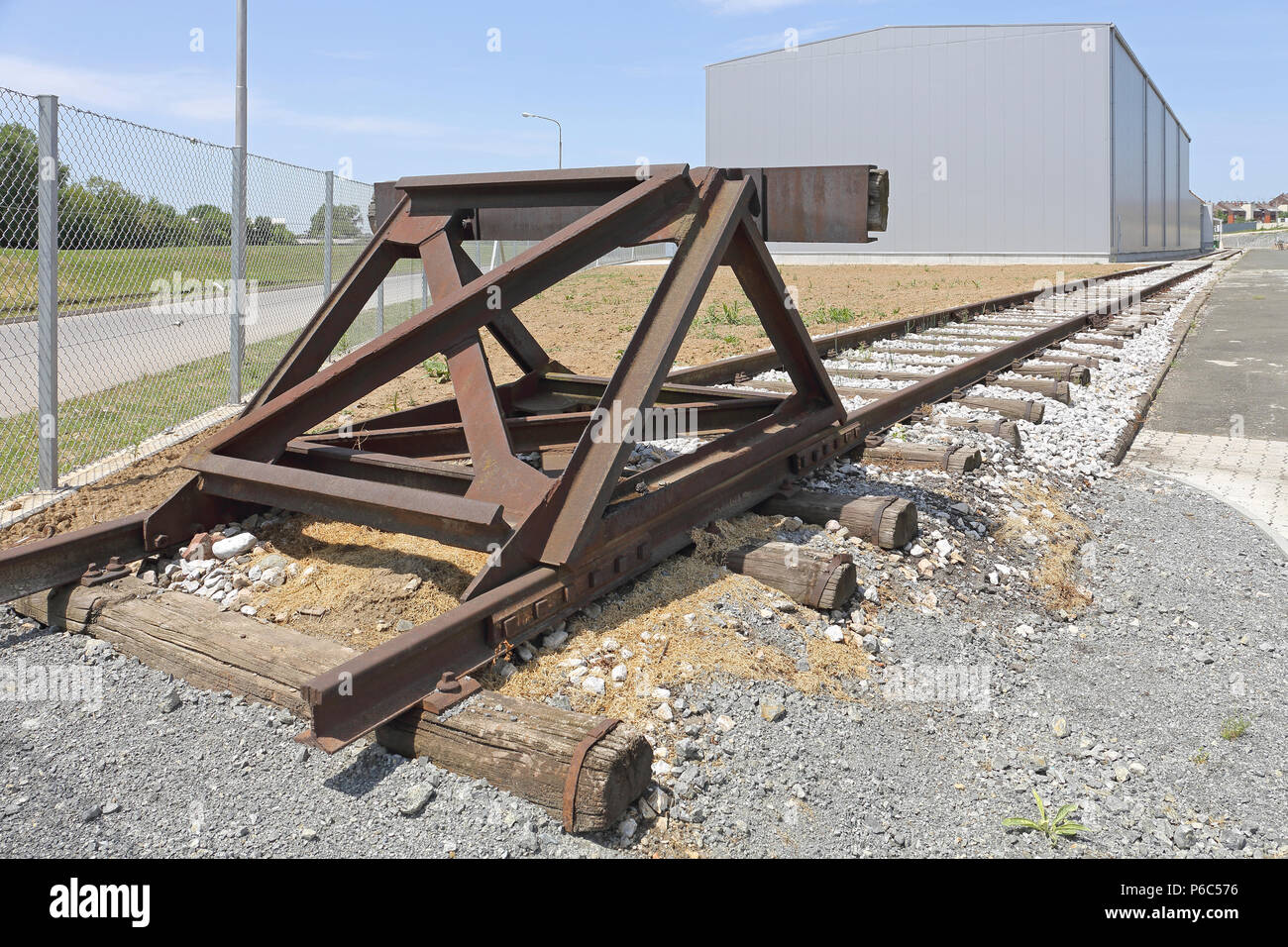 Buffer Stop Bumper Safety Device at End of Raiload Stock Photo