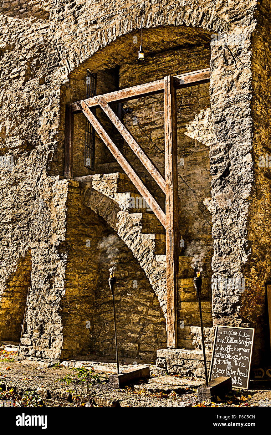Entrance to Talli's tower in a northern part of a fortification of the old city of Tallinn where the Tall Tower cafe is located Stock Photo