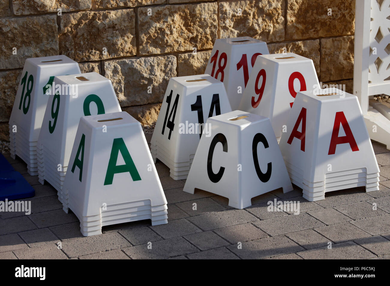 Doha, dressage letter cones and obstacle numbers Stock Photo
