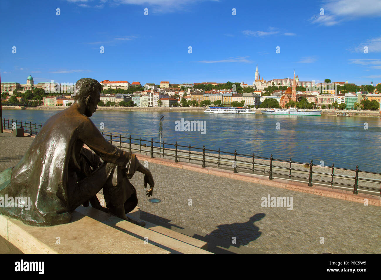 Hungary, Budapest, skyline, Danube river, poet Attila J—zsef statue, Stock Photo