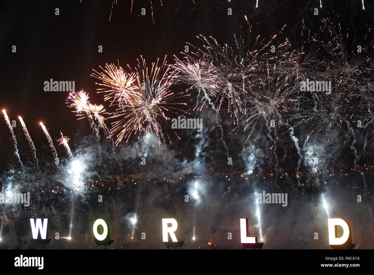 Dubai, fireworks over the word World Stock Photo