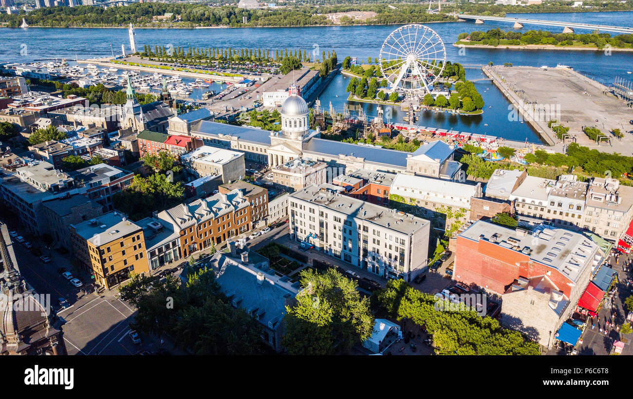 Bonsecours Market and Montreal Observation Wheel, Old Montreal or Vieux-Montréal, Canada Stock Photo