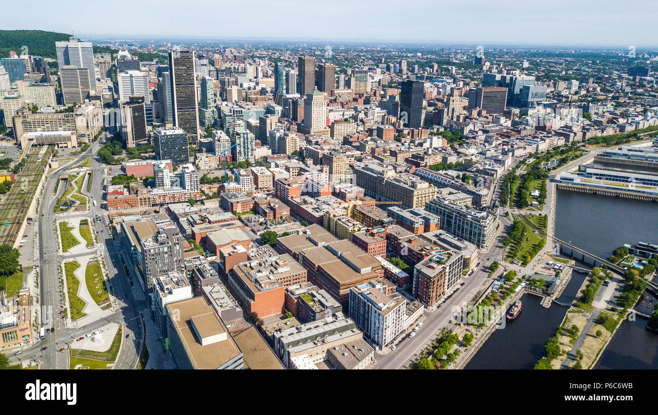 Aerial view of the city skyline, with old city walls outlined on the left, Montreal, Canada Stock Photo