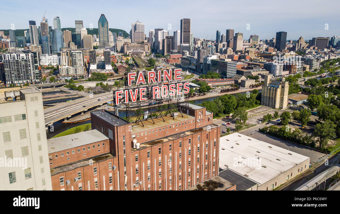 Farine Five Roses sign and downtown city skyline, Montreal, Canada ...