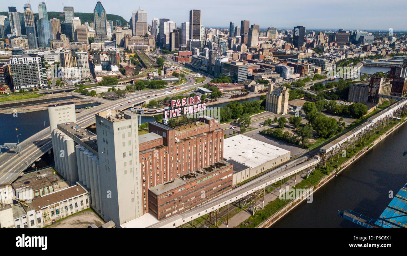 Farine Five Roses sign and downtown city skyline, Montreal, Canada ...