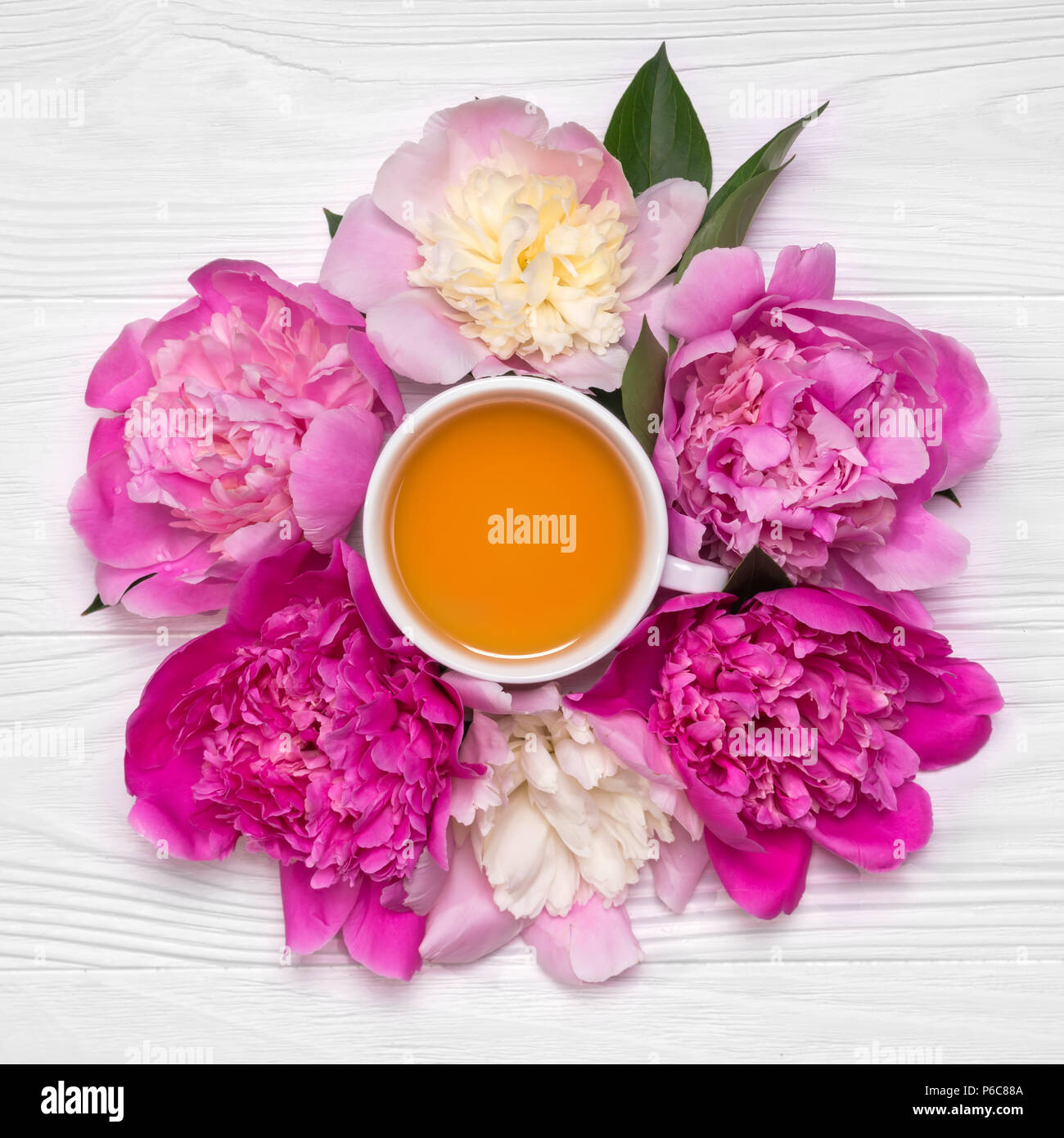 Concept about tea drinking. The flowers of peonies are laid out around