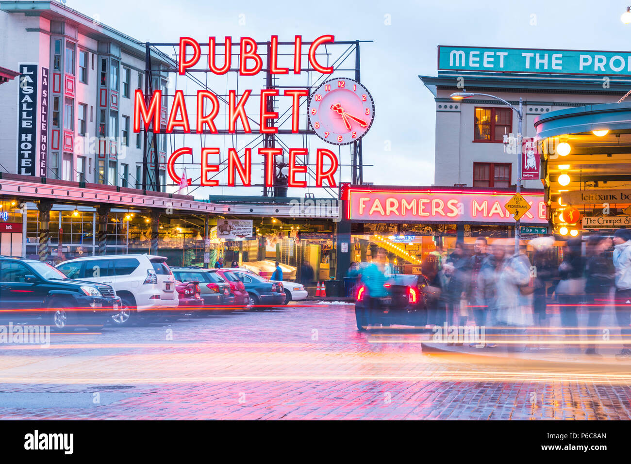 Seattle,Washington,usa. 02/06/17: Pike place market with reflection on the ground  at night.. Stock Photo