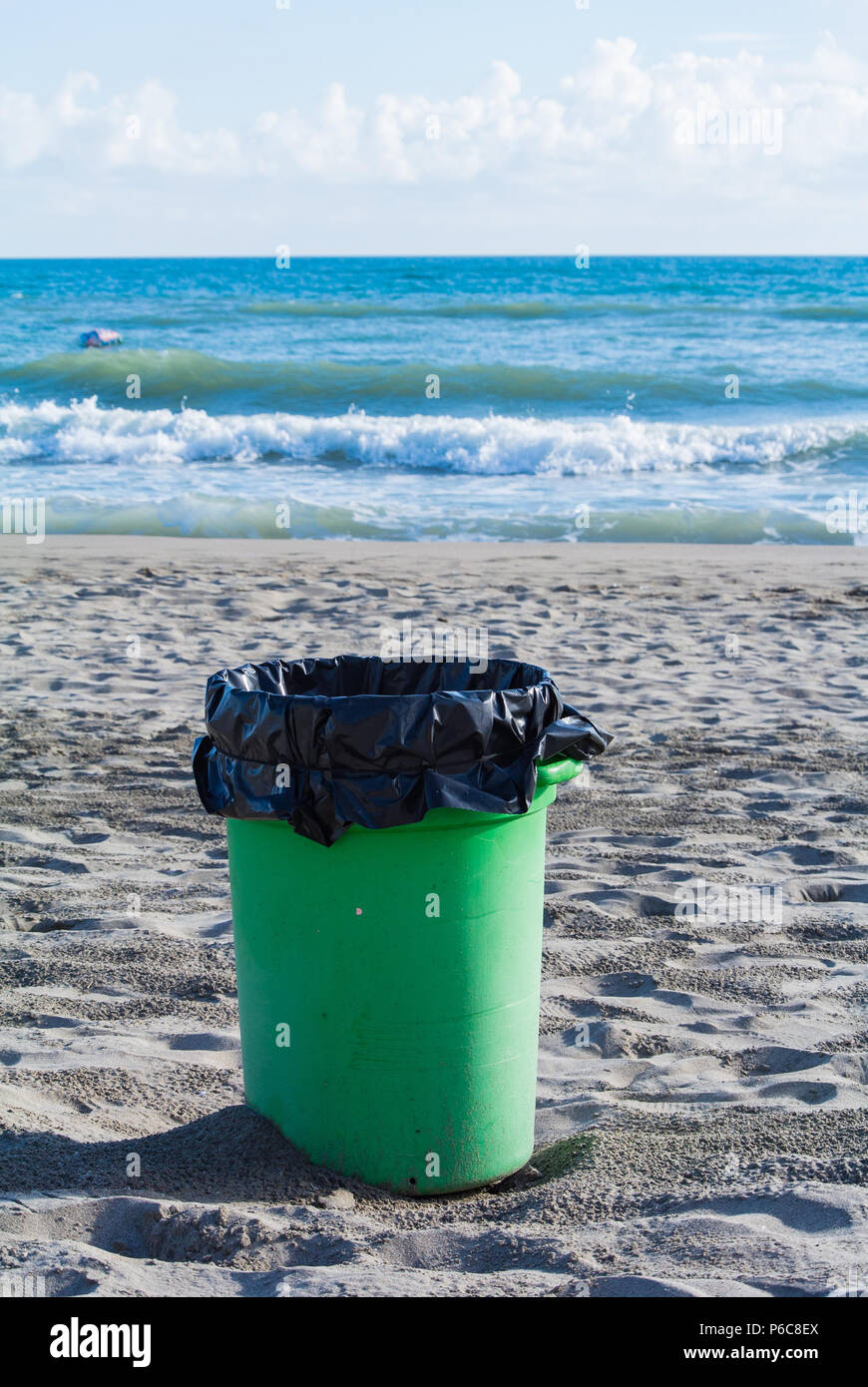 garbage can on a beach of Ostia, Rome, Italy Stock Photo