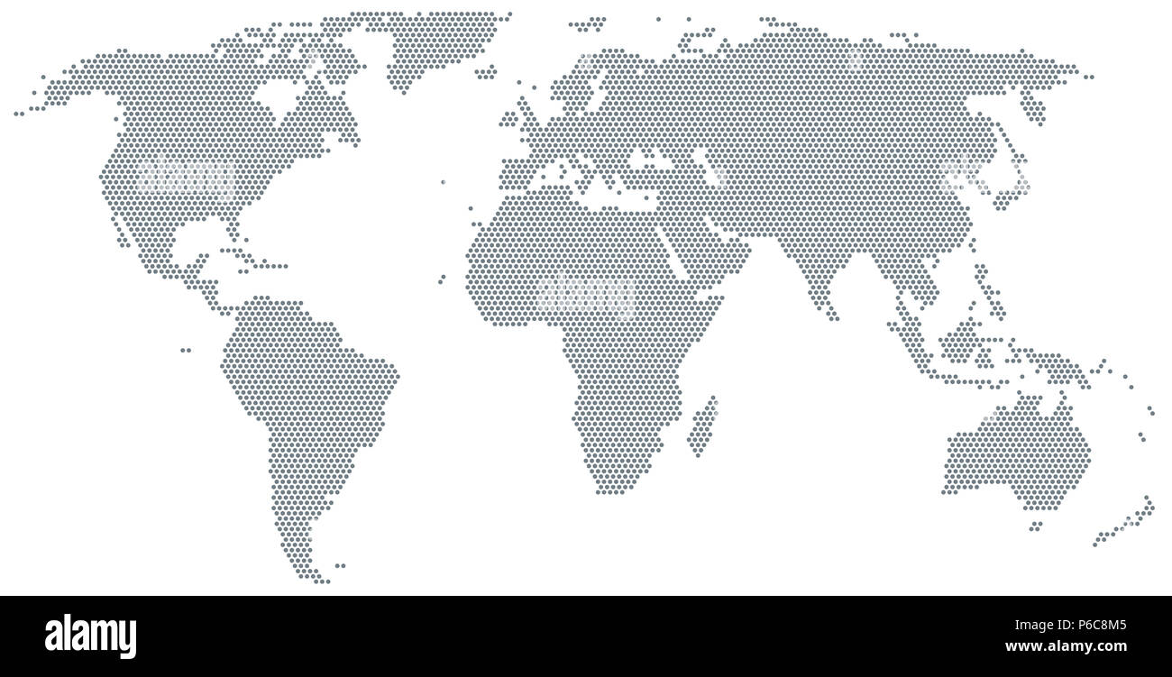 Map of the world made of gray dots. Dotted silhouette, outline and surface of the Earth under Robinson projection. Dots in a row. Illustration. Stock Photo