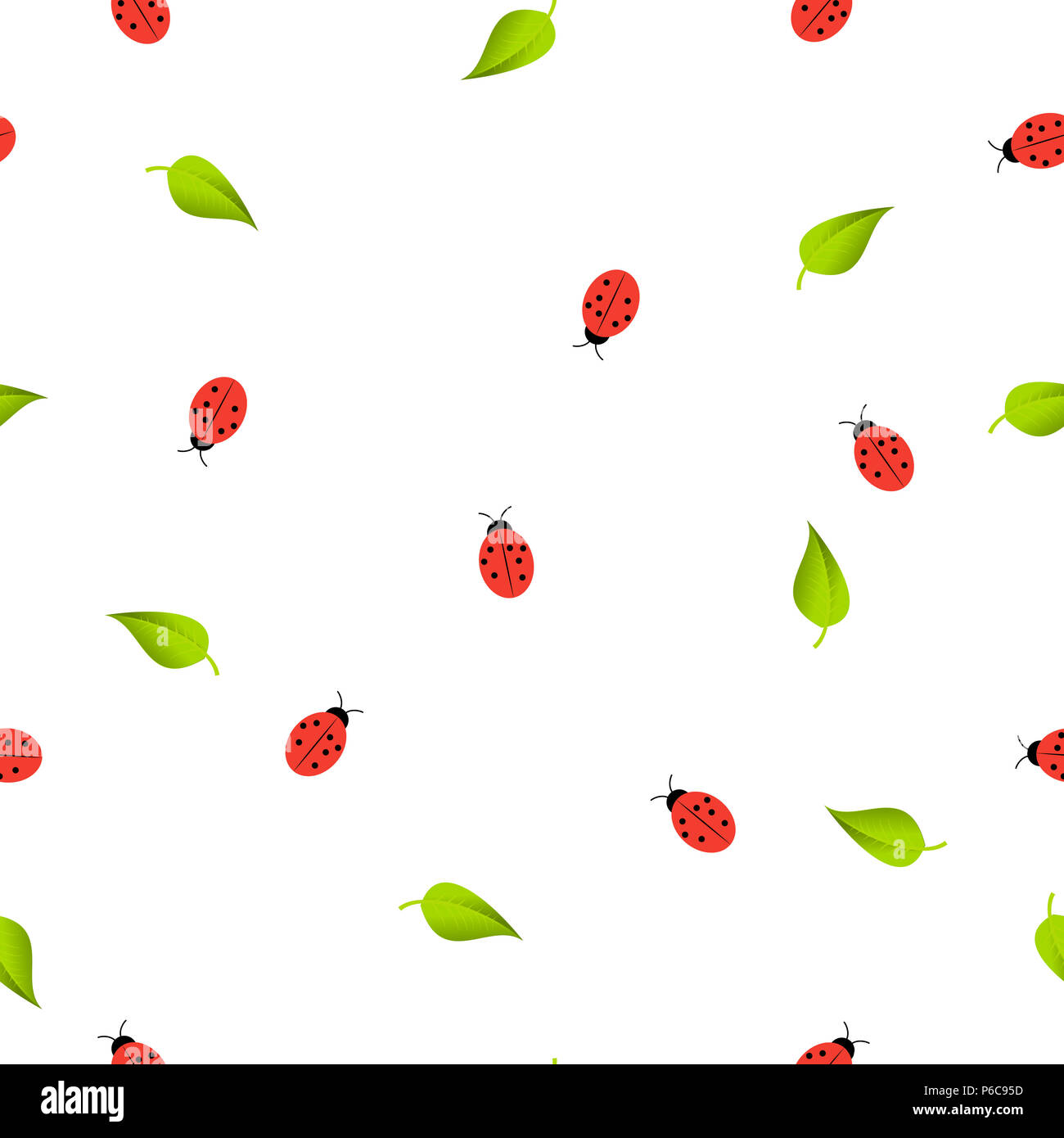Seamless pattern with red ladybugs and green leaves, white background ...