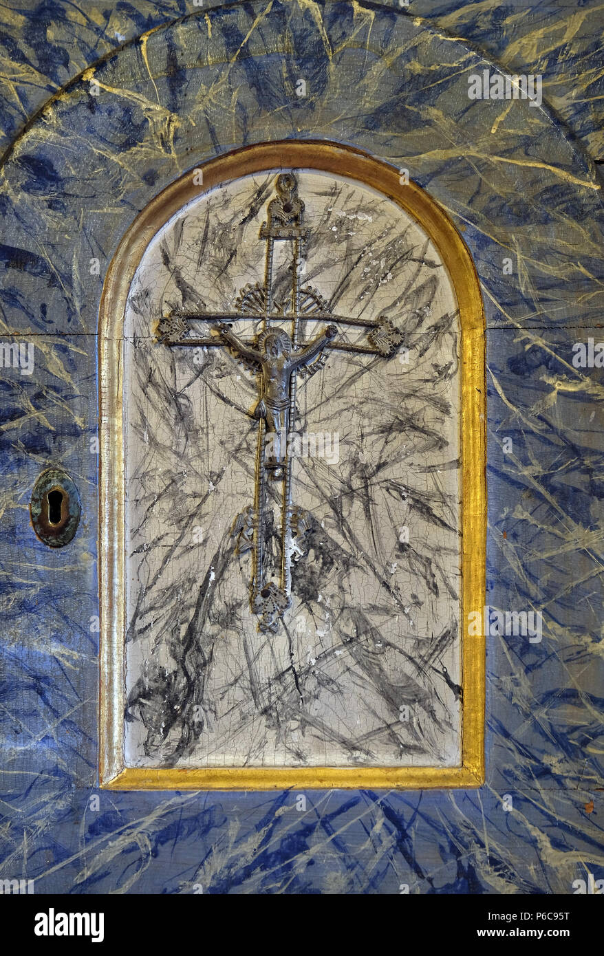 Cross, door of tabernacle on the altar in the Church of the Saint Barbara in Velika Mlaka, Croatia Stock Photo