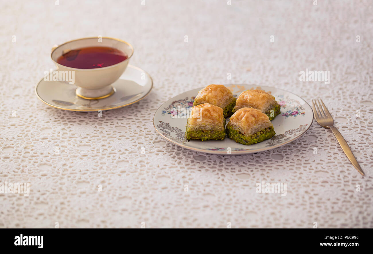 delicious sweet turkish baklava with tea Stock Photo
