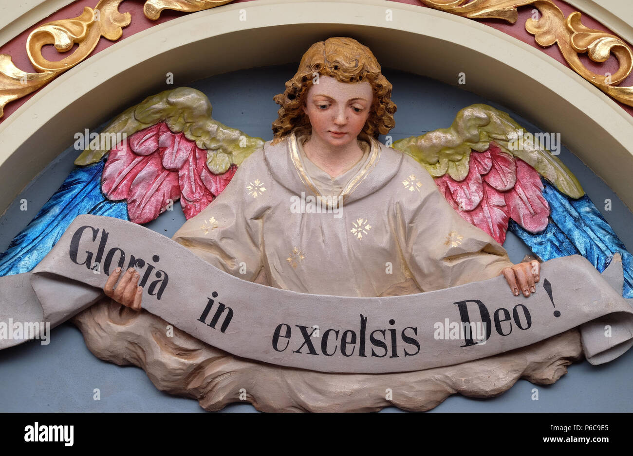 Angel with Gloria in excelsis Deo Banner, Nativity Scene, altarpiece in the  church of Saint Matthew in Stitar, Croatia Stock Photo - Alamy