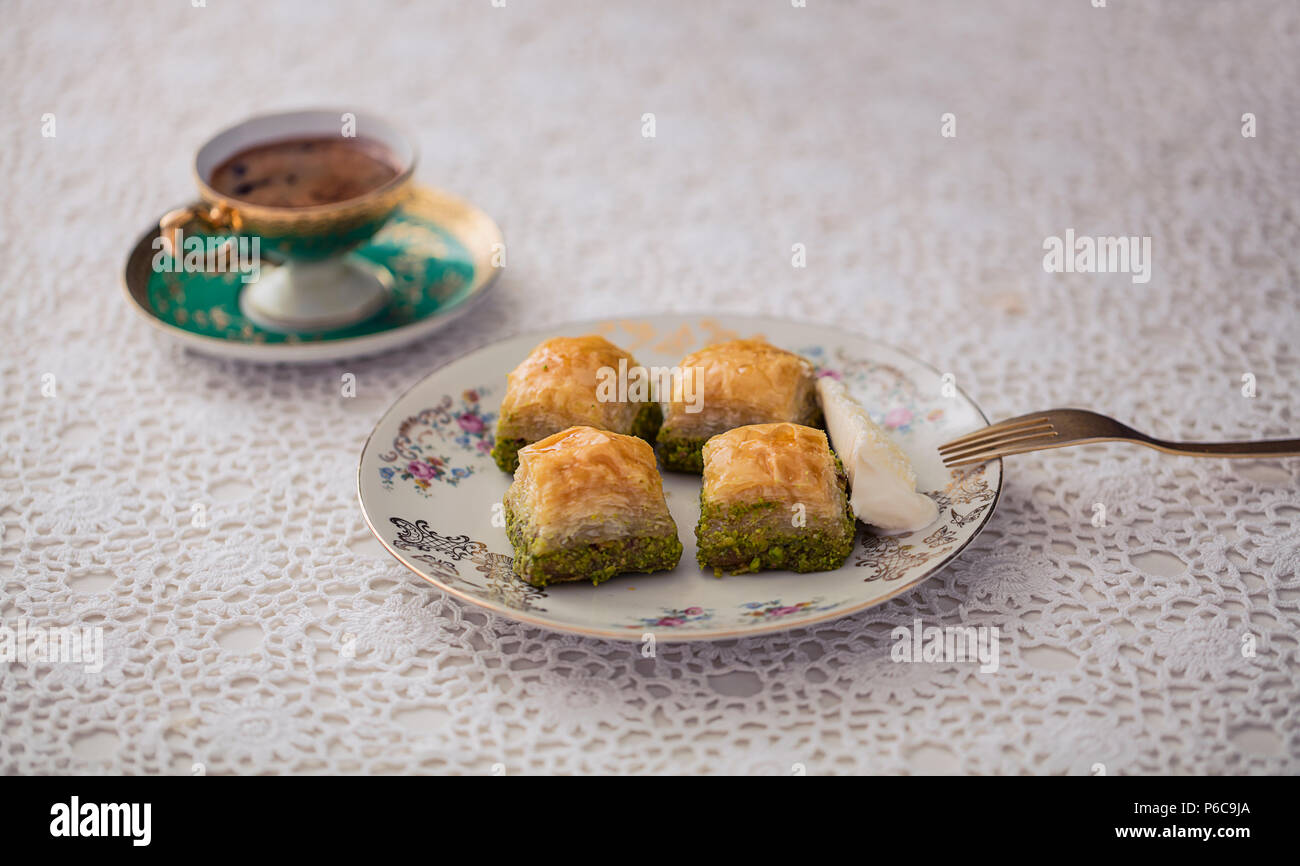 delicious sweet turkish baklava with tea Stock Photo