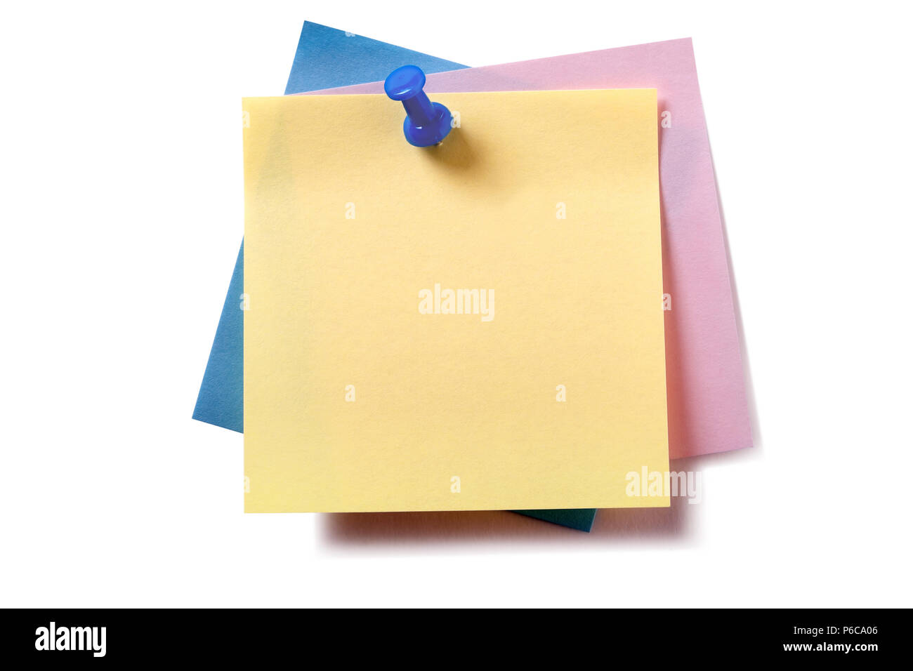 Untidy stack various different colors sticky post notes pinned isolated on white Stock Photo