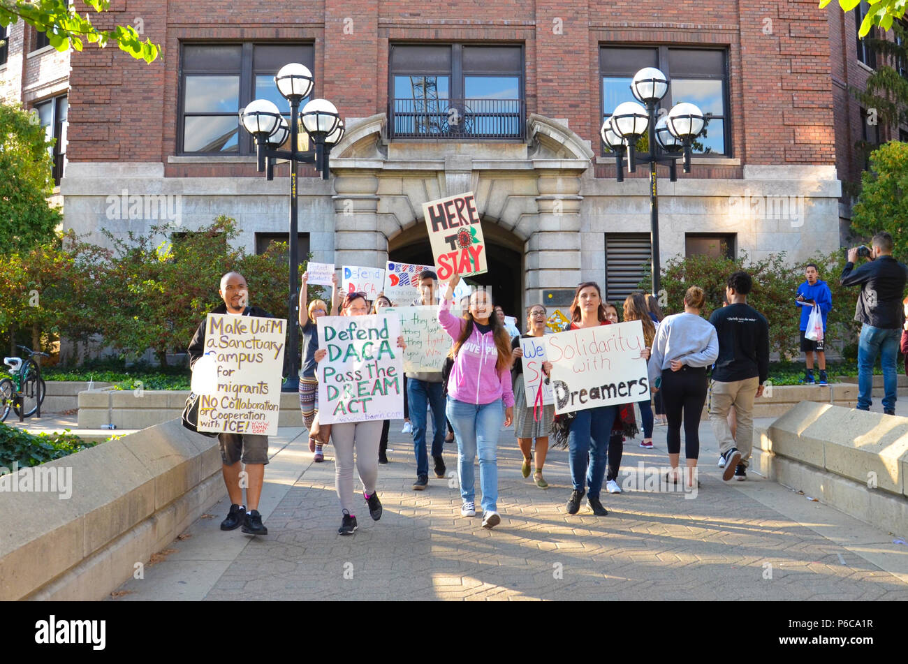 ANN ARBOR, MI / USA - SEPTEMBER 8, 2017: Protesters show their support for dreamers at a pro - DACA rally at the University of Michigan. Stock Photo