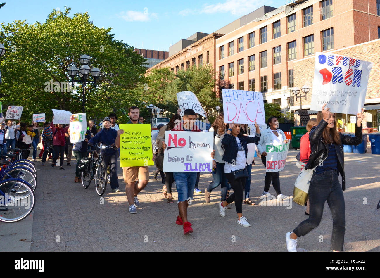 ANN ARBOR, MI / USA - SEPTEMBER 8, 2017: Protesters show their support for dreamers at a pro - DACA rally at the University of Michigan. Stock Photo