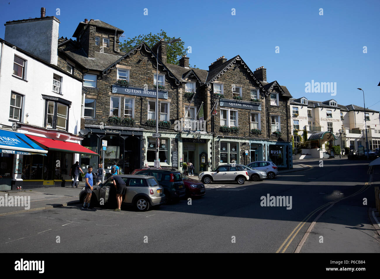 Queens hotel and shops in market place in the centre of Ambleside lake district cumbria england uk Stock Photo
