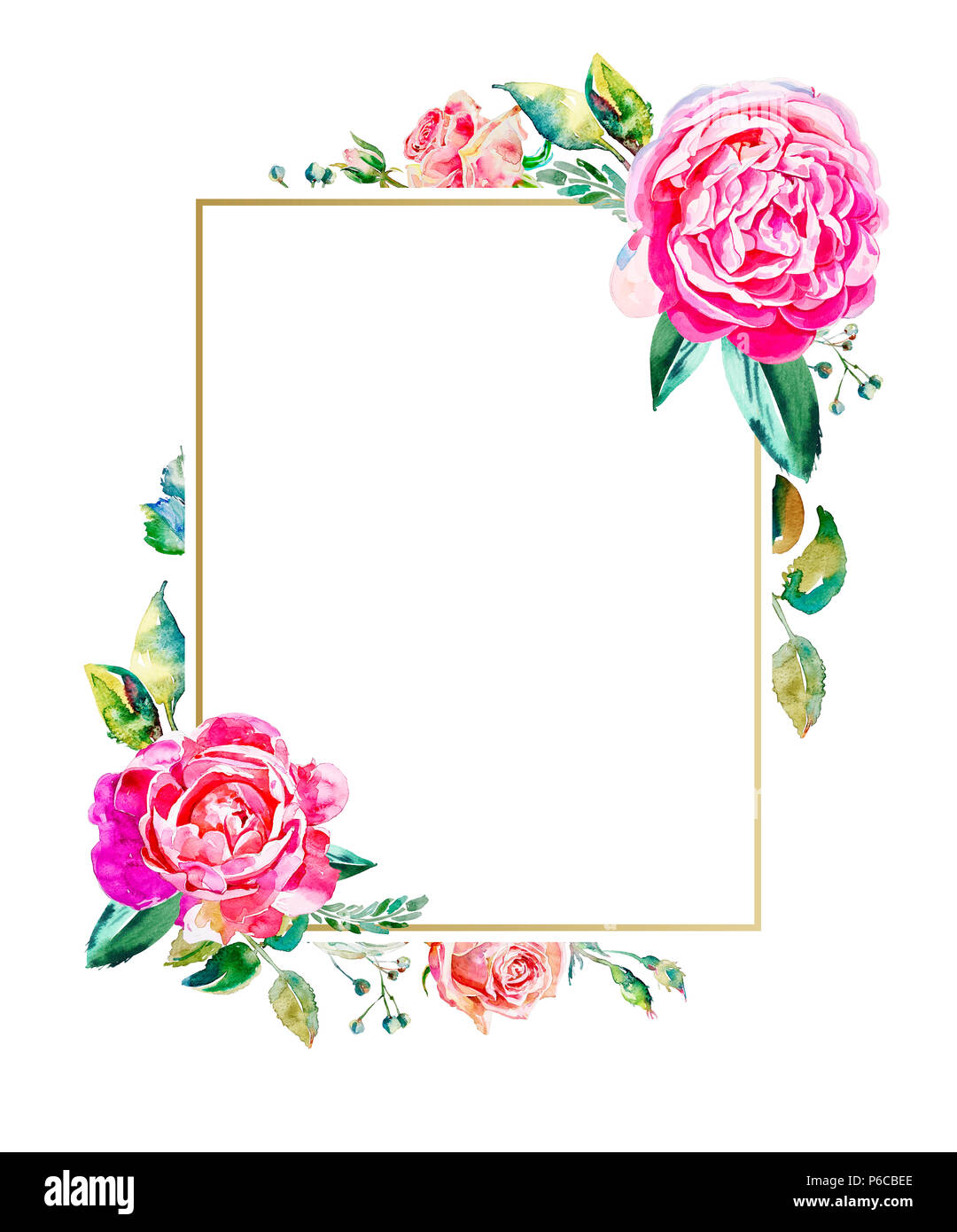Premium Vector  Golden frame with pink roses floral design wedding monogram  watercolor illustrations