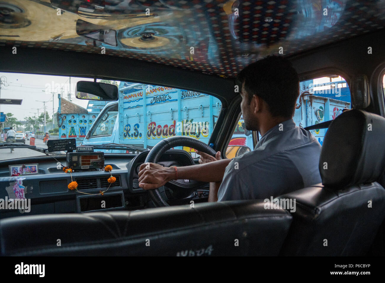Inside A Yellow Ambassador Taxi Kolkata India Stock Photo