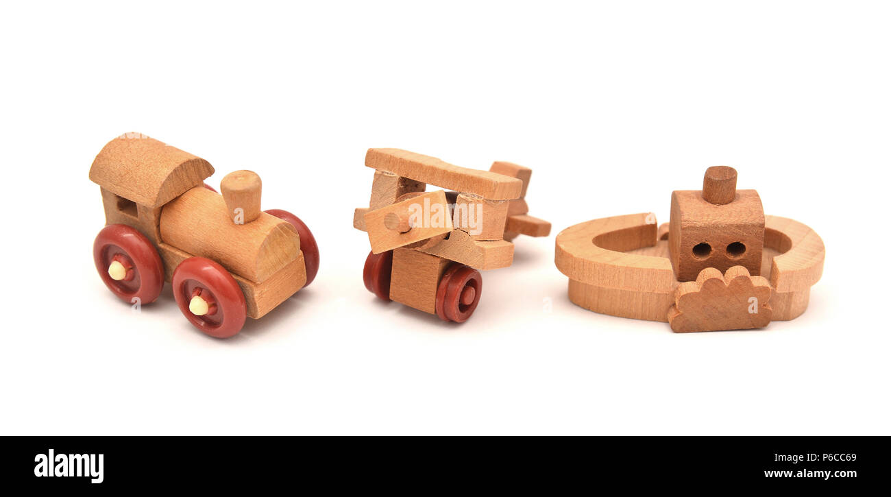 set of vintage wooden toys isolated on white Stock Photo