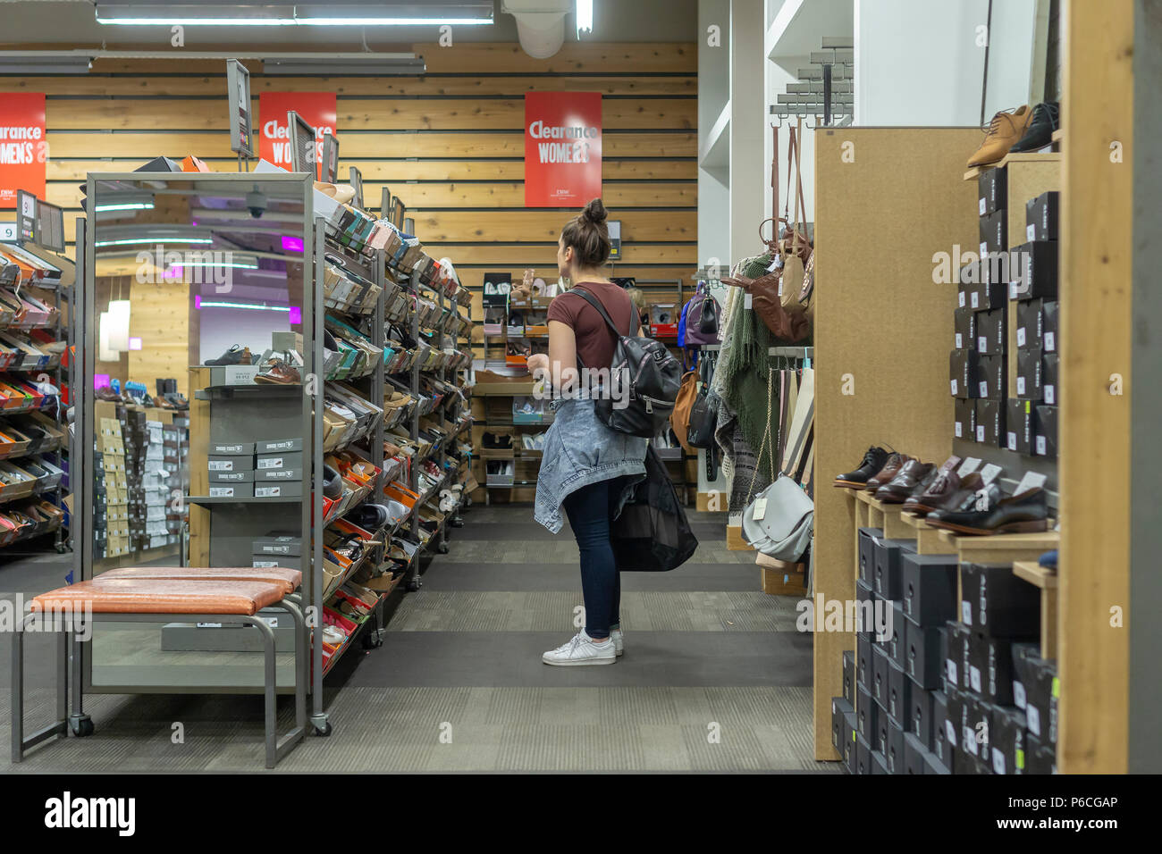 Shoppers in a DSW shoe store in Herald Square in New York on Wednesday,  June 27, 2018. (© Richard B. Levine Stock Photo - Alamy