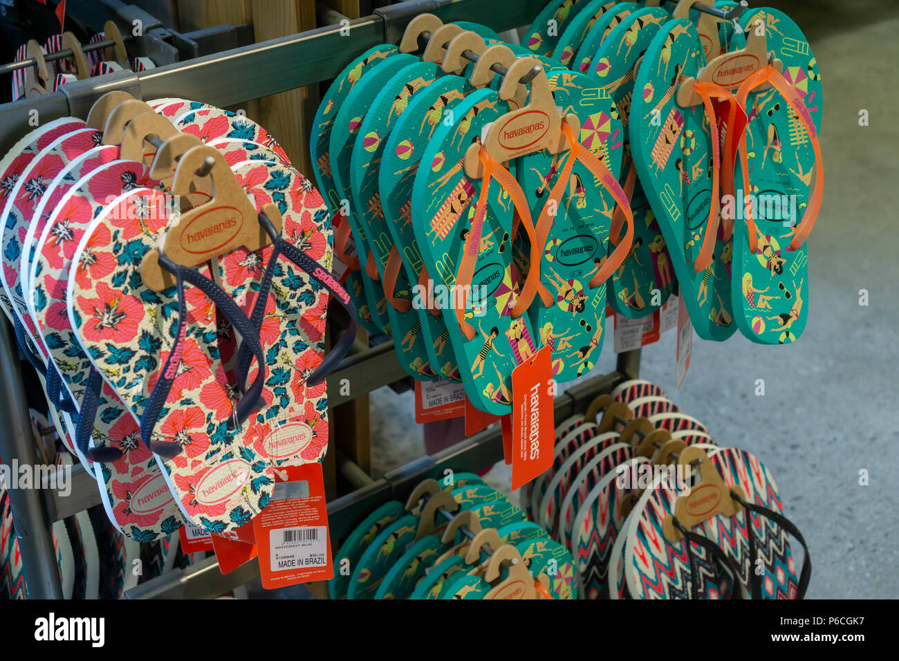 Havaianas brand 'flip-flops', a harbinger of warmer summer weather, on sale in a DSW shoe store in Herald Square in New York on Wednesday, June 27, 2018.  (Â© Richard B. Levine) Stock Photo