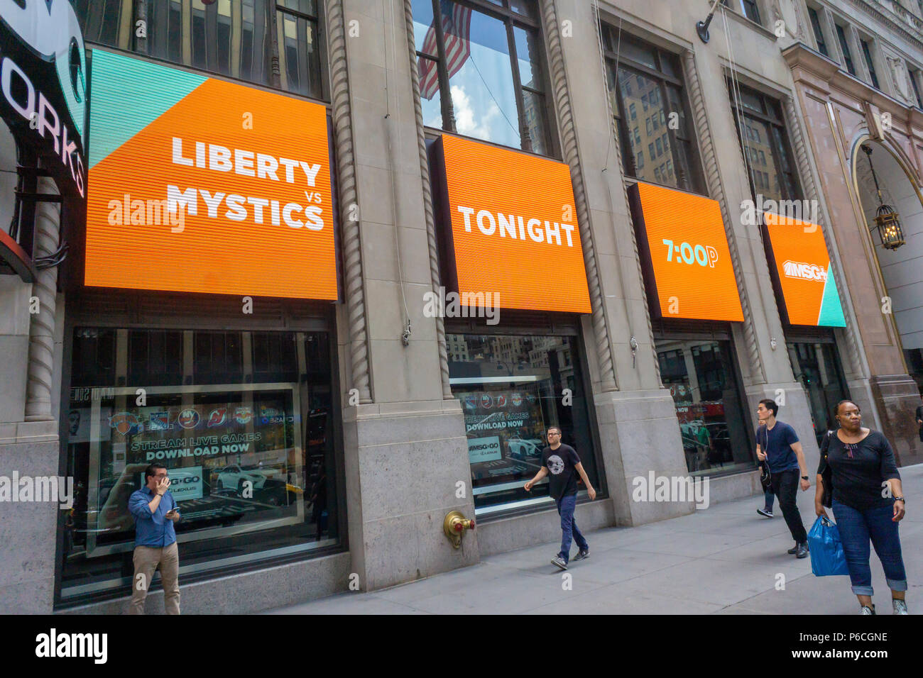 Advertising for the WNBA womens' basketball team, the Liberty, in New York on Thursday, June 28, 2018. Madison Square Garden Co. is reported to be preparing to spin-off the their sports franchises, separating it from its real estate and concert business. (© Richard B. Levine) Stock Photo