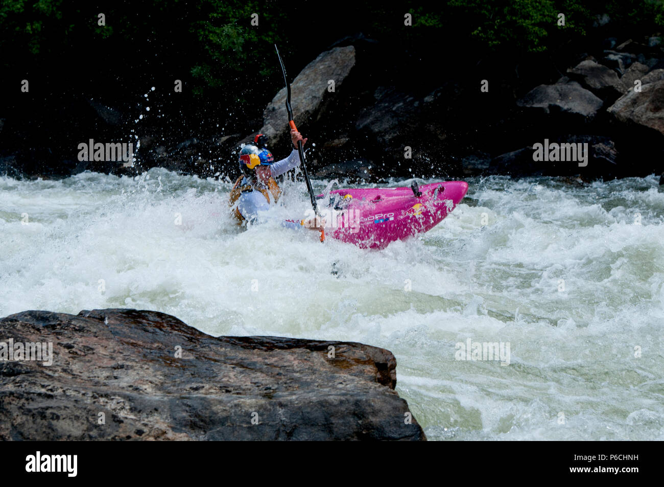 Kayaking on the North Fork Payette River in Jacobs Ladder class V rapid during the 2018 North Fork Championship Stock Photo