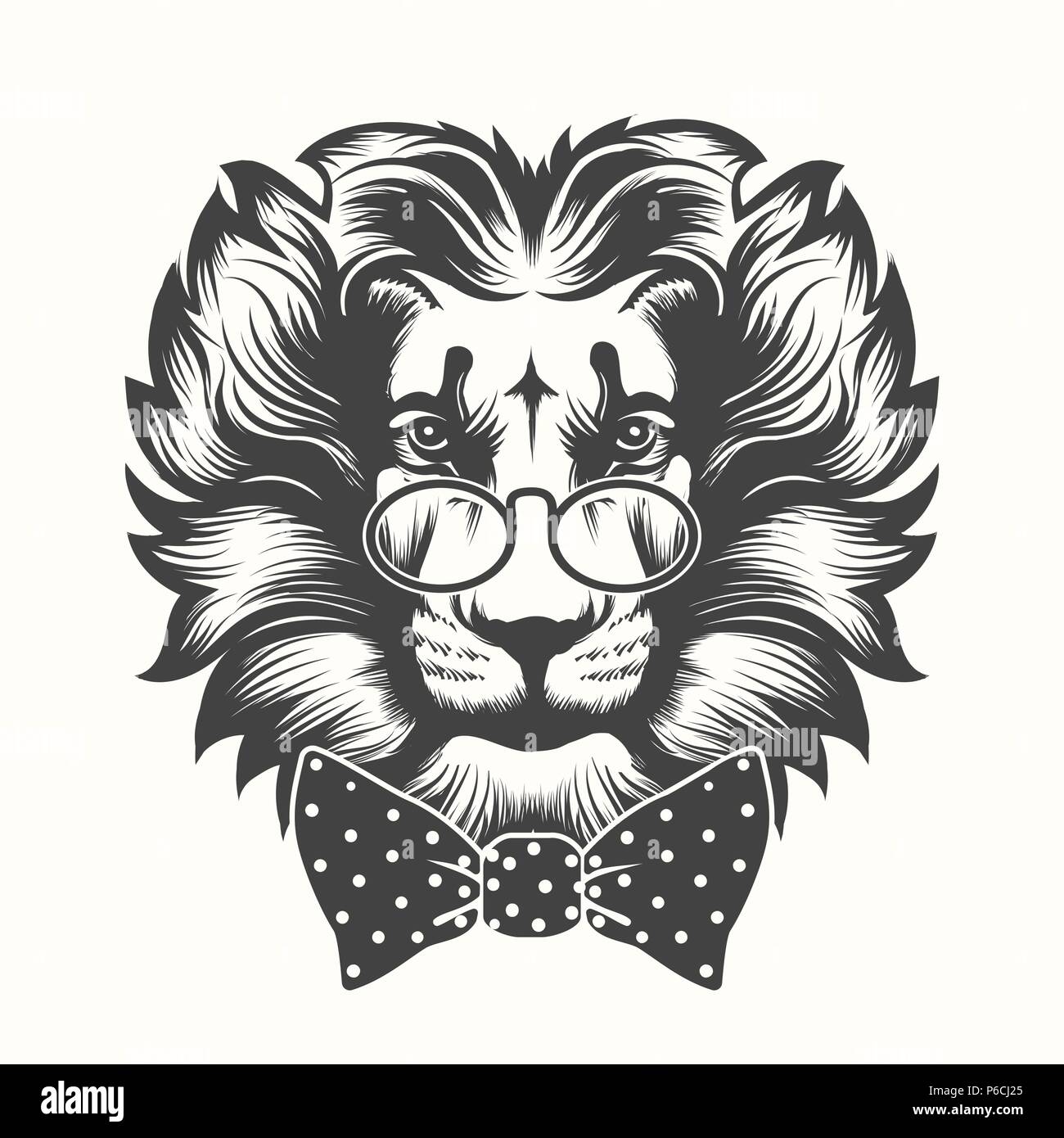 Portrait of Lion Head with round glasses and bow tie. Vector illustration in engraving style. Stock Vector