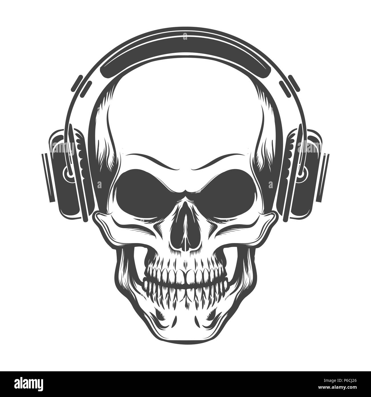 Hand Drawn Human Skull with Headphones. Vector illustration in tattoo style. Stock Vector