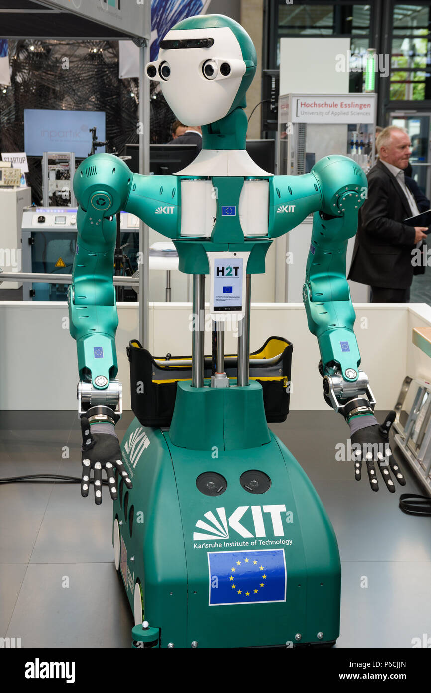 Hannover, Germany - June 13, 2018: The humanoid robot ARMAR-6 from KIT at the booth of the institute at CeBIT 2018. Stock Photo