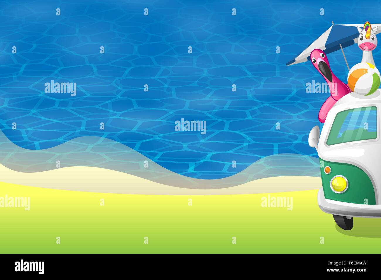 Summer background - view in front of beach with green camper van - water surfaces sandy beach Stock Vector