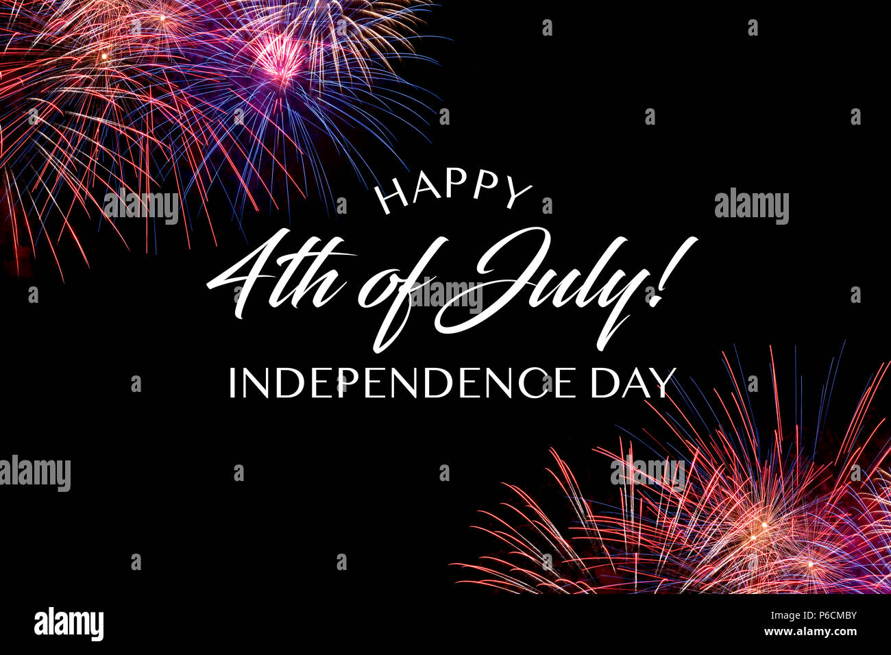 Happy JUly 4th greeting with black background with fireworks Stock