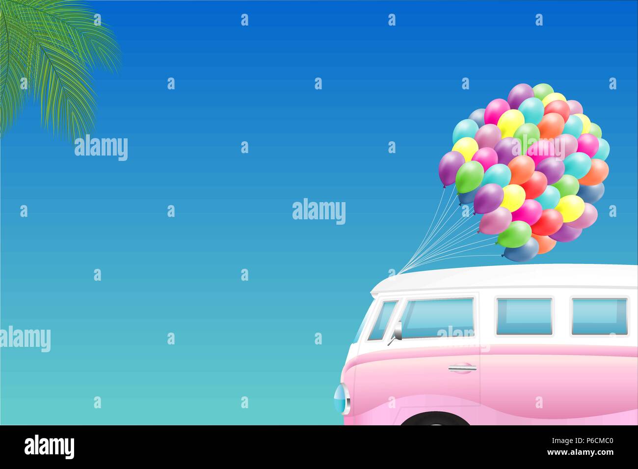 Summer background - Pink mini van palms and bunch of colorful balloons Stock Vector