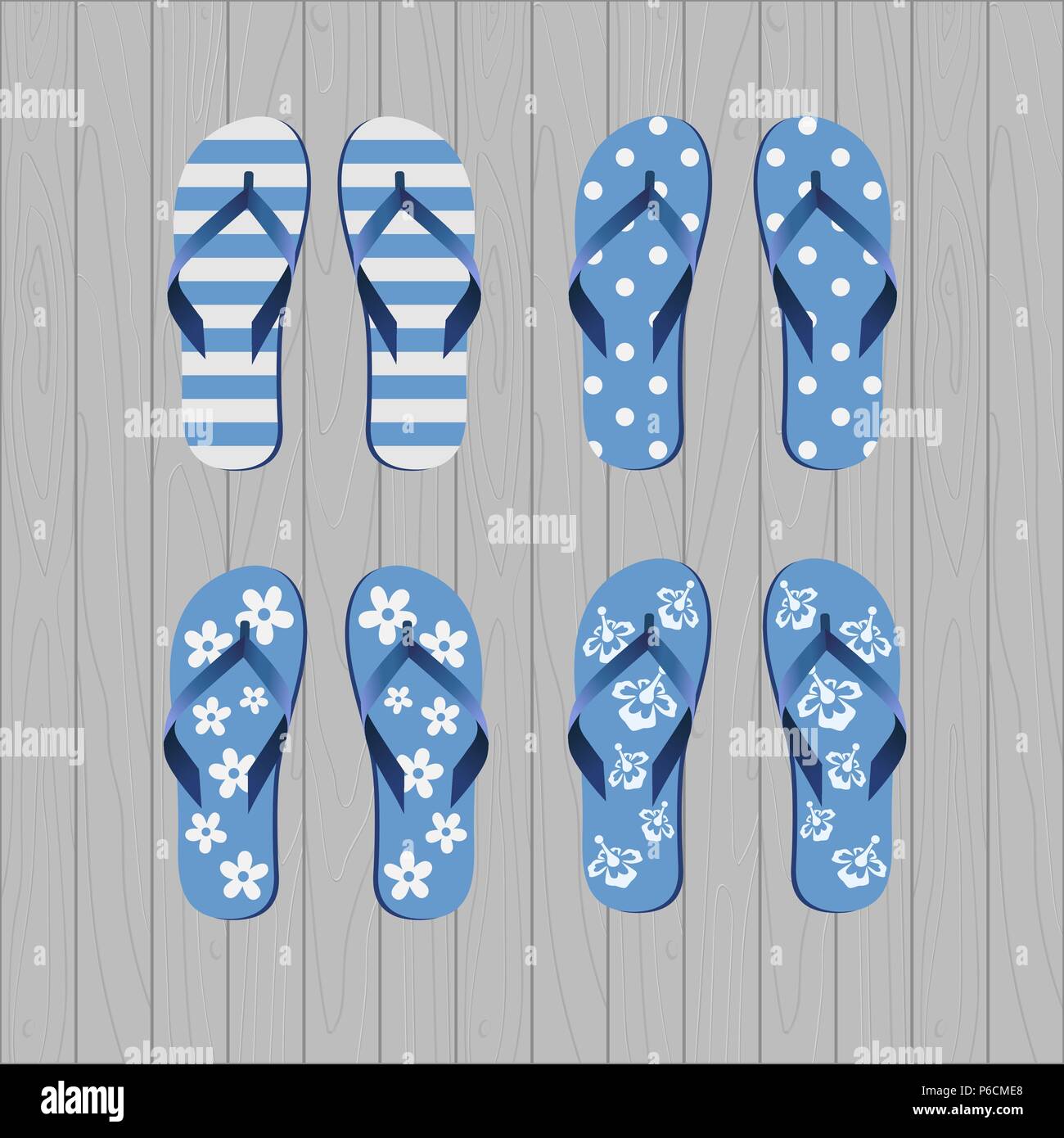 Four pair of different flip flops - blue white colors on grey wooden background Stock Vector