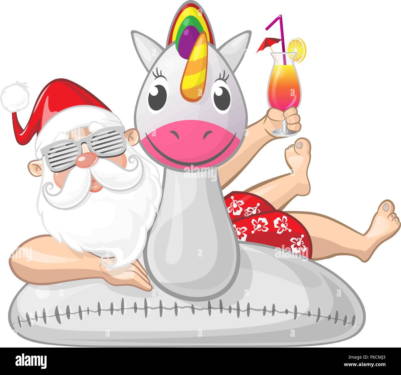 Santa Claus On Summer Vacation With Unicorn Swim Ring